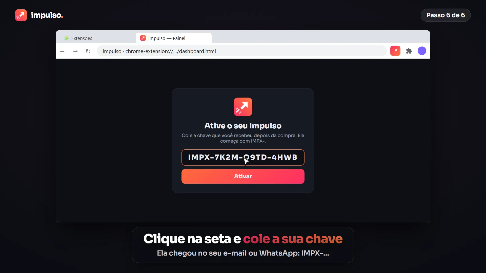 Tela de ativação com a chave IMPX