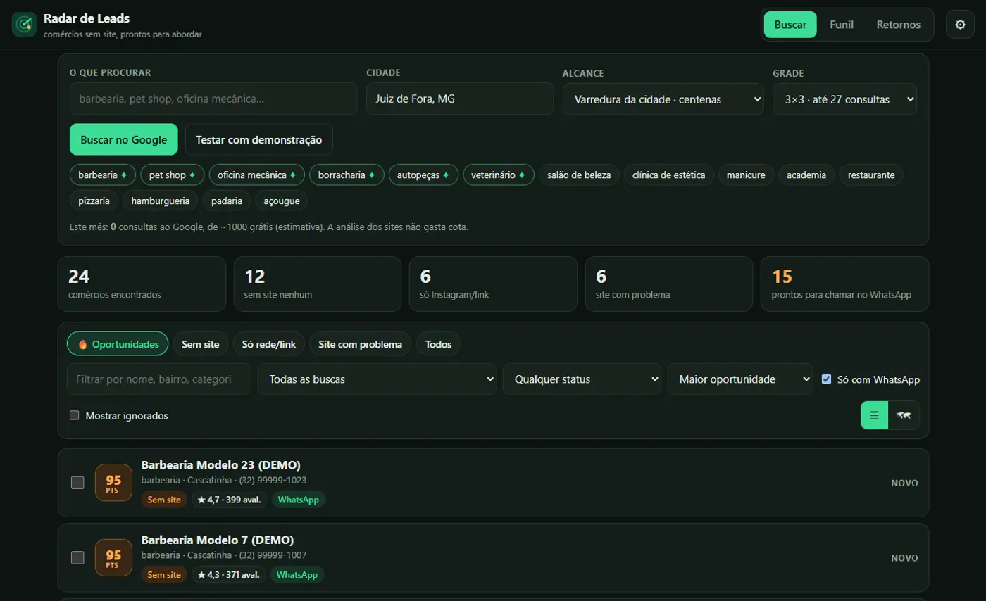 Tela de busca do Radar de Leads com comércios sem site, nota de oportunidade e WhatsApp de cada um