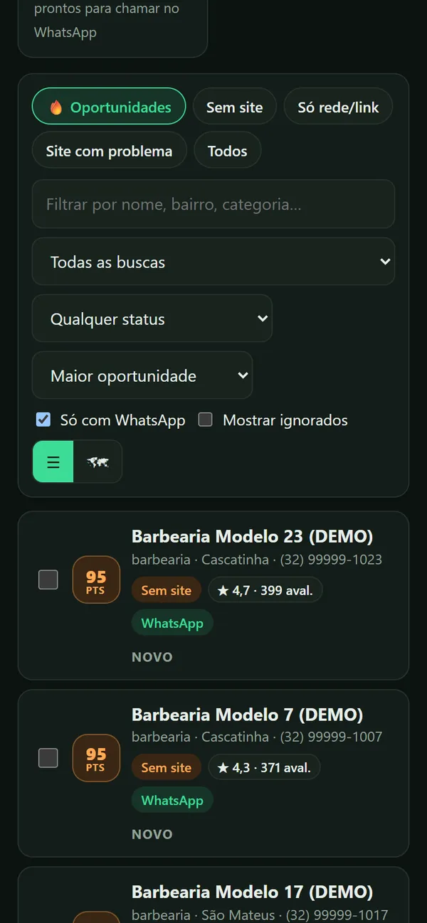 Radar de Leads aberto no celular, com a lista de oportunidades