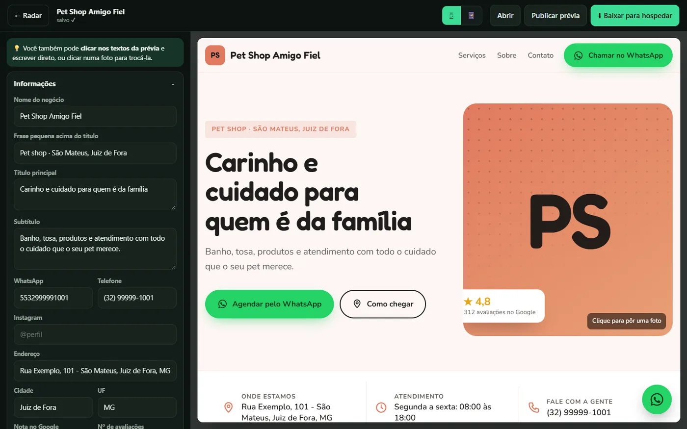 Editor de sites do Radar com textos sugeridos para o ramo, estilos, cores e fotos